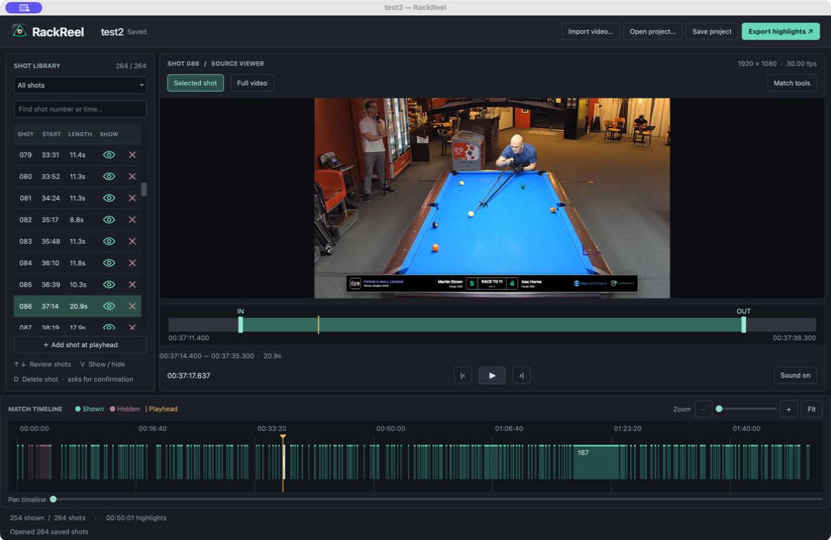 RackReel on Mac showing the Focus 9 Ball match, a selected shot with draggable trim markers, the shot library and the full match timeline.